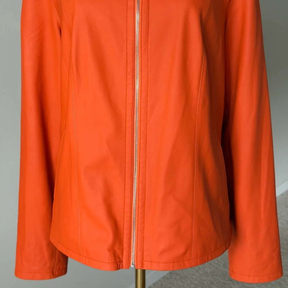 KIRCILAR Reversible Ultra Soft Leather Jacket Orange Abstract Print - 4 / L